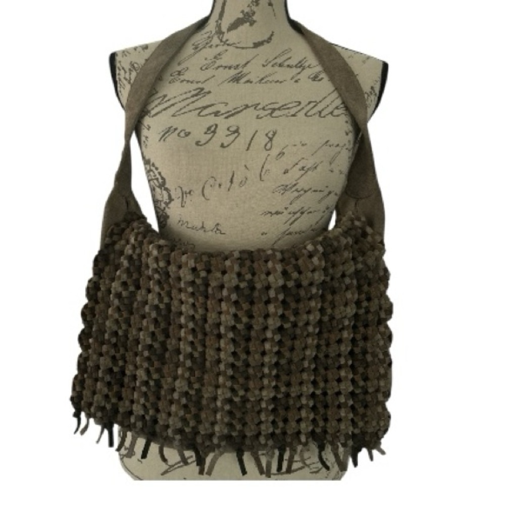 SIGRID OLSEN vintage leather suede bag, brown earth tones, woven leather front